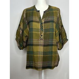 New Garnet Hill Organic Cotton Fall Plaid Puff Sleeve  V Neck Top Blouse Size 10